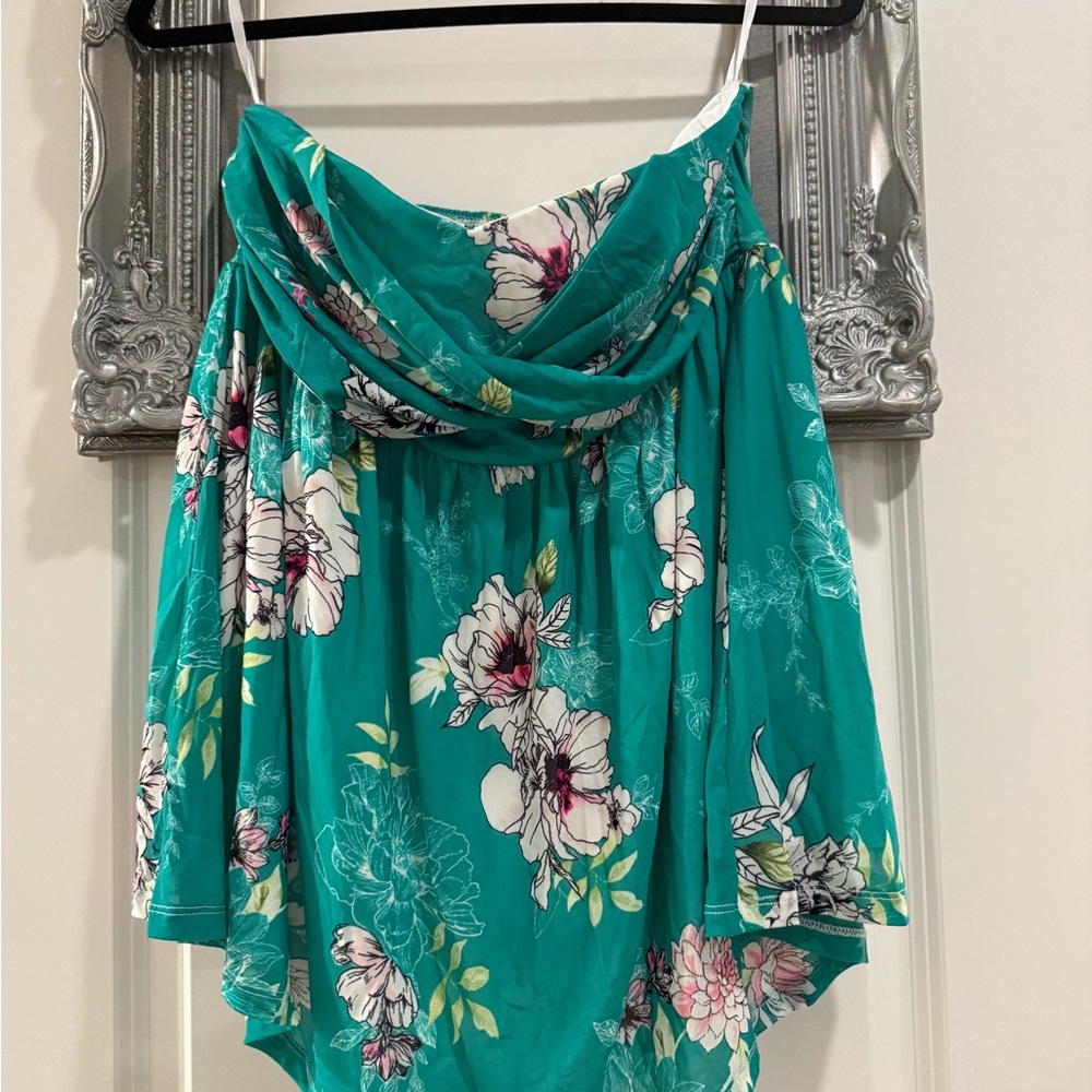 Torrid Plus Size 00 Strapless Turquoise Floral Mesh Strapless Babydoll Top